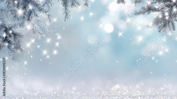 Fototapeta Serene winter scene with white snowy landscape background, blurred light blue and white tones, and hanging frosted pine branches. Calm, wintry nature setting capturing peaceful cold-season beauty.