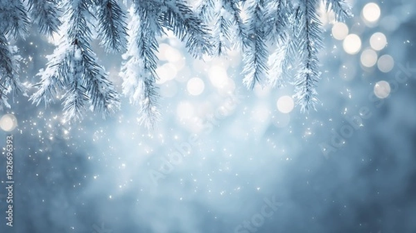Fototapeta Serene winter scene with white snowy landscape background, blurred light blue and white tones, and hanging frosted pine branches. Calm, wintry nature setting capturing peaceful cold-season beauty.
