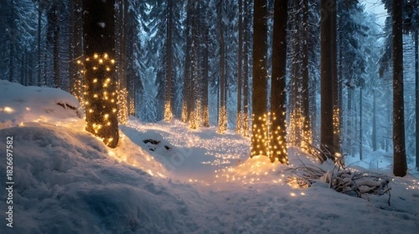 Fototapeta A magical winter wonderland, with snow-covered trees decorated with warm, glowing lights in a forest