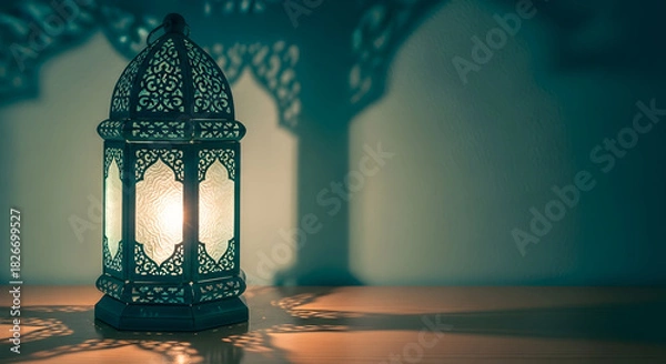 Fototapeta Ornate lantern with shadows in dark room