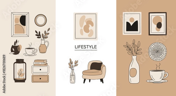 Fototapeta Elegant home decor elements in a modern minimalist style illustration with neutral tones that