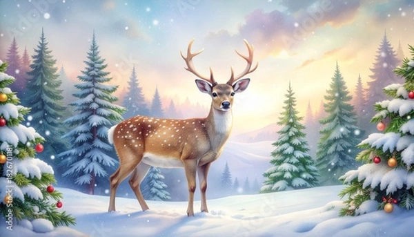 Obraz Deer standing in a winter background with trees decorated with Christmas decorations