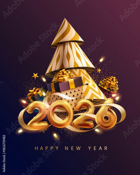 Fototapeta New Years 2026. Christmas greeting card design with white numbers, gift boxes and tree. Realistic vector illustration.