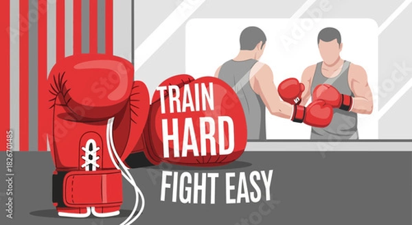 Obraz Motivational boxing illustration with a fighter training in front of a mirror