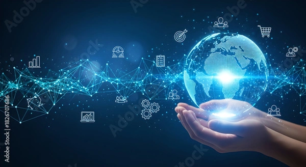 Fototapeta Global Network Business Technology Hands Blue Digital Copy Space