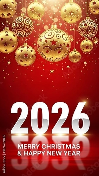 Obraz 2026 New Year and Christmas Vertical Red Background with Gold Baubles