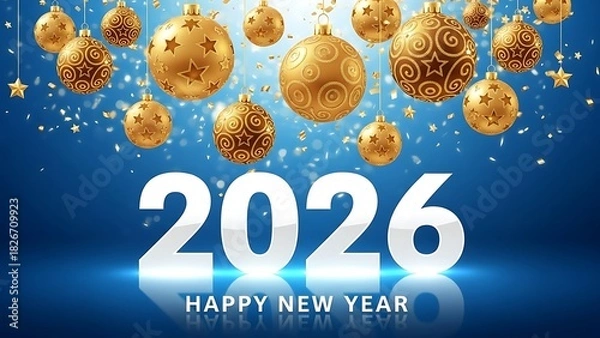 Obraz Happy New Year 2026 Celebration with Gold Ornaments on Blue