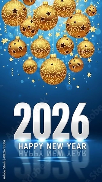 Obraz Happy New Year 2026 Celebration with Golden Baubles on Blue