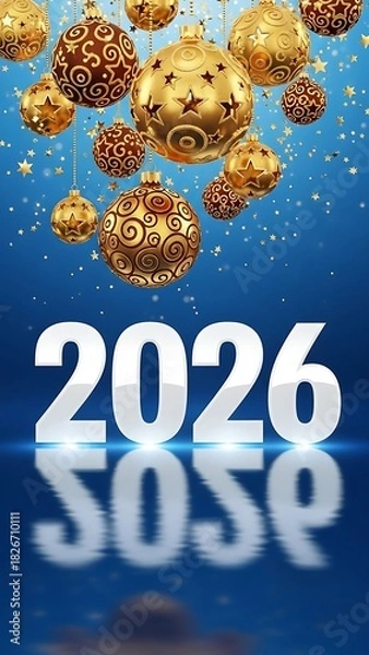 Obraz Happy New Year 2026 Golden Baubles and Confetti on Blue Background