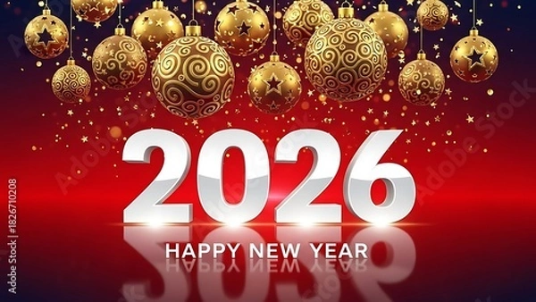 Obraz Happy New Year 2026 Celebration with Golden Ornaments and Confetti