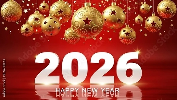 Obraz Happy New Year 2026 with Golden Baubles on Red Background