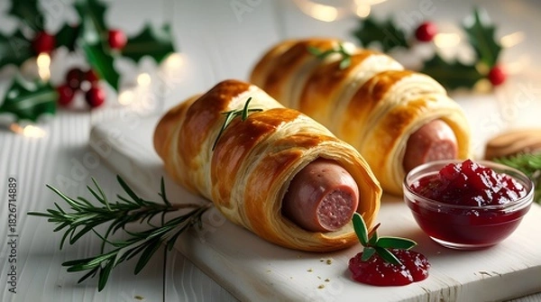 Obraz Pigs in blankets, meticulously wrapped in golden brown puff pastry, placed on a clean and polished white wooden background