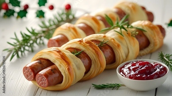 Obraz Pigs in blankets, meticulously wrapped in golden brown puff pastry, placed on a clean and polished white wooden background