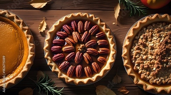 Obraz Traditional Thanksgiving pie slices placed on brown parchment paper, featuring a slice of pumpkin pie with a golden brown crust and a slice of pecan pie with a caramelized filling.