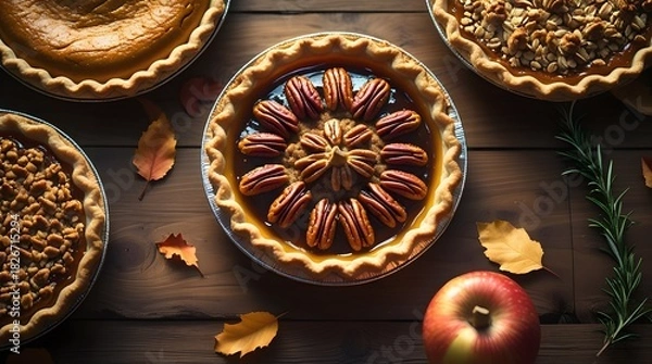 Obraz Traditional Thanksgiving pie slices placed on brown parchment paper, featuring a slice of pumpkin pie with a golden brown crust and a slice of pecan pie with a caramelized filling.