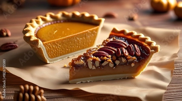 Obraz Traditional Thanksgiving pie slices placed on brown parchment paper, featuring a slice of pumpkin pie with a golden brown crust and a slice of pecan pie with a caramelized filling.