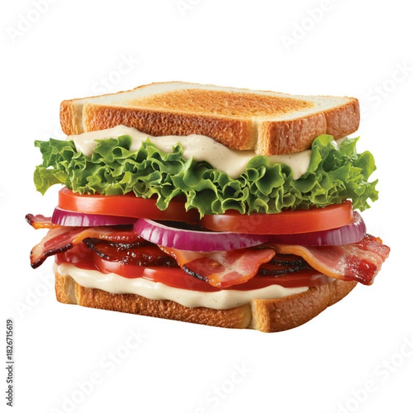 Fototapeta Mouthwatering bacon, lettuce, and tomato sandwich with toasted bread, red onions, and creamy dressing, a classic comfort food perfect for lunch or dinner