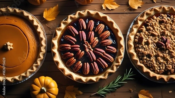 Obraz Traditional Thanksgiving pie slices placed on brown parchment paper, featuring a slice of pumpkin pie with a golden brown crust and a slice of pecan pie with a caramelized filling.