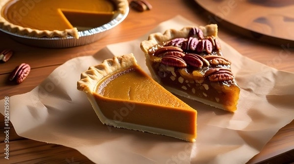 Obraz Traditional Thanksgiving pie slices placed on brown parchment paper, featuring a slice of pumpkin pie with a golden brown crust and a slice of pecan pie with a caramelized filling.