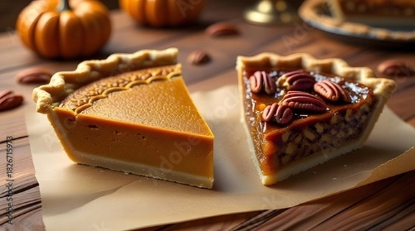 Obraz Traditional Thanksgiving pie slices placed on brown parchment paper, featuring a slice of pumpkin pie with a golden brown crust and a slice of pecan pie with a caramelized filling.