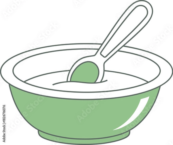 Fototapeta Simple illustration of a light green bowl filled with creamy food and a spoon.