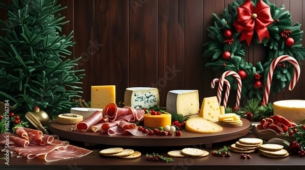 Obraz Christmas charcuterie table scene set against a rich, dark wood background, adorned with an assortment of artisanal cheese and cured meat appetizer