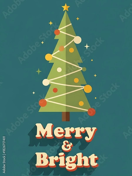 Obraz christmas poster with retro tree and merry and bright text, christmas card with colorful ornaments and zigzag garland, festive card with yellow star and sparkles
