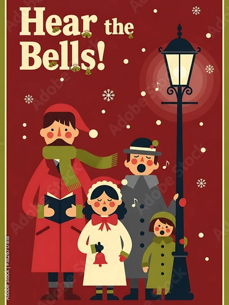 Fototapeta christmas poster with caroling family and hear the bells text, christmas card with streetlamp and musical notes, festive card with winter clothes and red background
