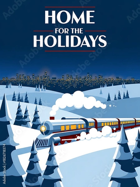 Obraz christmas poster with train and home for the holidays text, christmas card with snowy town and pine trees, festive card with steam engine and winter night sky
