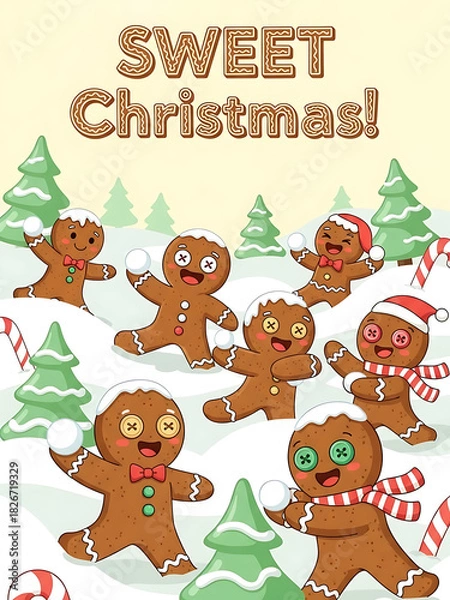 Obraz christmas poster with gingerbread snowball fight and sweet christmas text, christmas card with candy canes and snowy hills, festive card with icing-decorated characters and pine trees
