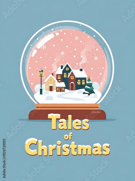 Obraz christmas poster with snow globe and tales of christmas text, christmas card with cozy village scene, festive card with falling snow and pink background
