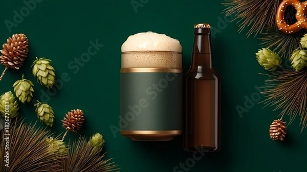 Fototapeta Festive Beer Bottle and Foam Mug with Hops on Dark Green Background