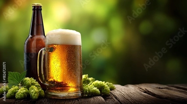 Fototapeta Golden Beer Mug with Hops on Rustic Wooden Table