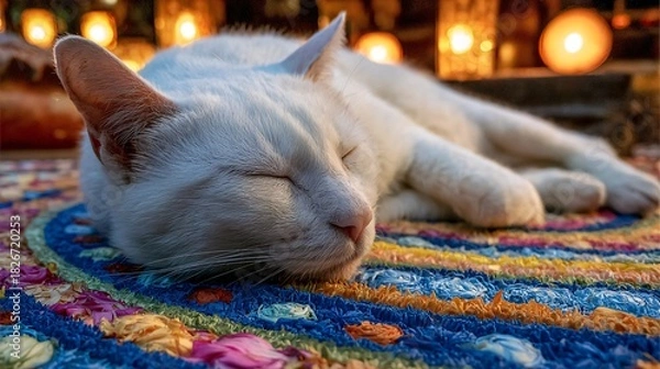 Fototapeta Dreamy White Cat Sleeping on a Colorful Rug with Lantern Lights