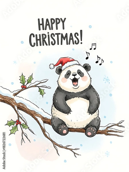 Obraz christmas poster with panda singing happy christmas, christmas card with holly branch and santa hat, festive card with musical notes and winter background
