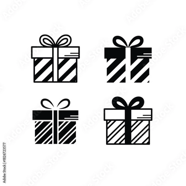 Obraz Outline gift box icons vector set. Black and white present symbols collection. Minimalist striped holiday pictogram kit.