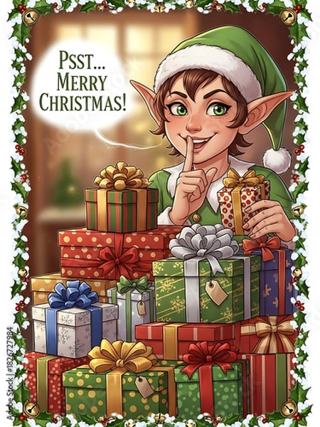 Obraz christmas card with elf and psst merry christmas text, festive poster with gifts and decorated room
