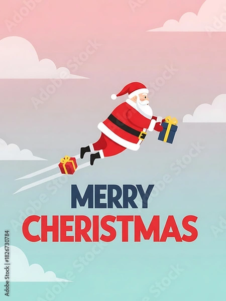 Obraz christmas poster with santa flying and merry christmas text, festive holiday card with gradient sky background
