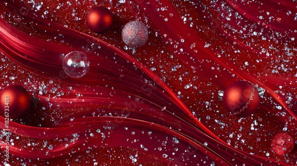 Obraz Vibrant red holiday wallpaper with swirling ribbons, glossy ornaments, sparkling confetti, clear middle 