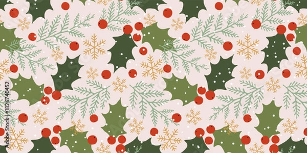 Fototapeta Vector Christmas seamless pattern design, hand-drawn with red holly berries, fir branches, and snowflakes.