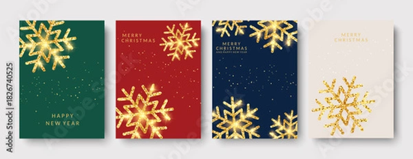 Fototapeta Luxurious brochure covers, Merry Christmas and Happy New Year! Golden snowflakes, cards, greetings, posters, a set of holiday vector illustrations.