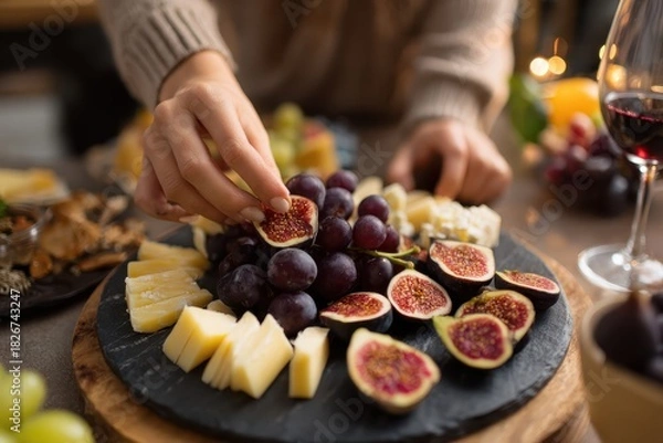Fototapeta Foods styling magazine content concept. A hand arranging a platter of figs, grapes, and cheese with a glass of red wine nearby.