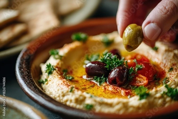 Fototapeta Foods styling magazine content concept. Delicious hummus topped with olives and herbs, ready to enjoy.
