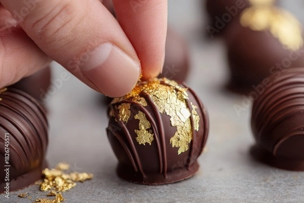 Fototapeta Foods styling magazine content concept. Hand placing gold leaf on a gourmet chocolate truffle for decoration.