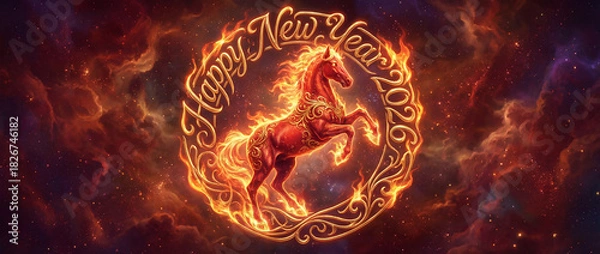 Obraz Fiery Horse and 'Happy New Year 2026' in Cosmic Nebula