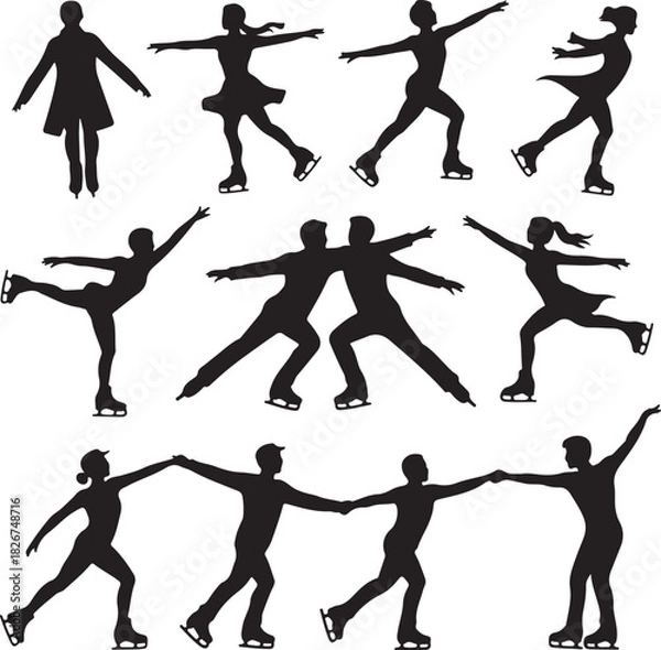 Fototapeta Silhouettes of Figure Skaters Performing Various Poses and Routines on Ice