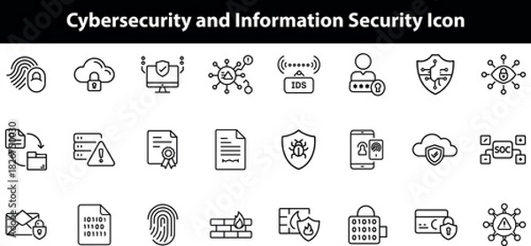 Fototapeta Cybersecurity and information security icon set, featuring symbols for data protection, network security, privacy, digital threats, authentication, and secure communication