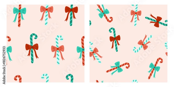 Obraz Christmas candy cane seamless pattern with red bows on a cream background. Vector