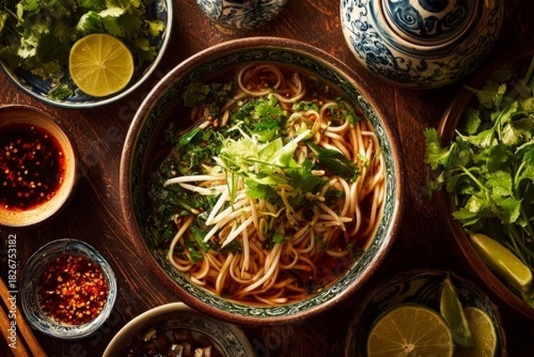Obraz Crossing Bridge Noodles served in bowl, vibrant vegetables, fresh herbs, warm lighting creating inviting atmosphere. Concept of traditional rice noodles broth condiments elegance.
