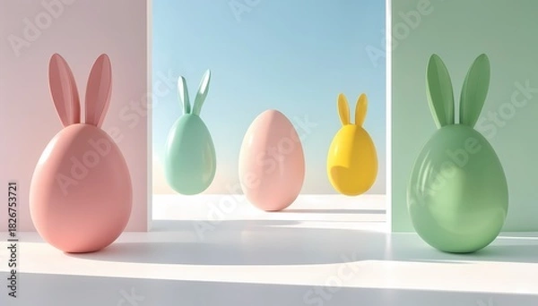 Obraz Minimalist 3D Easter Eggs with Bunny Ears in Pastel Colors